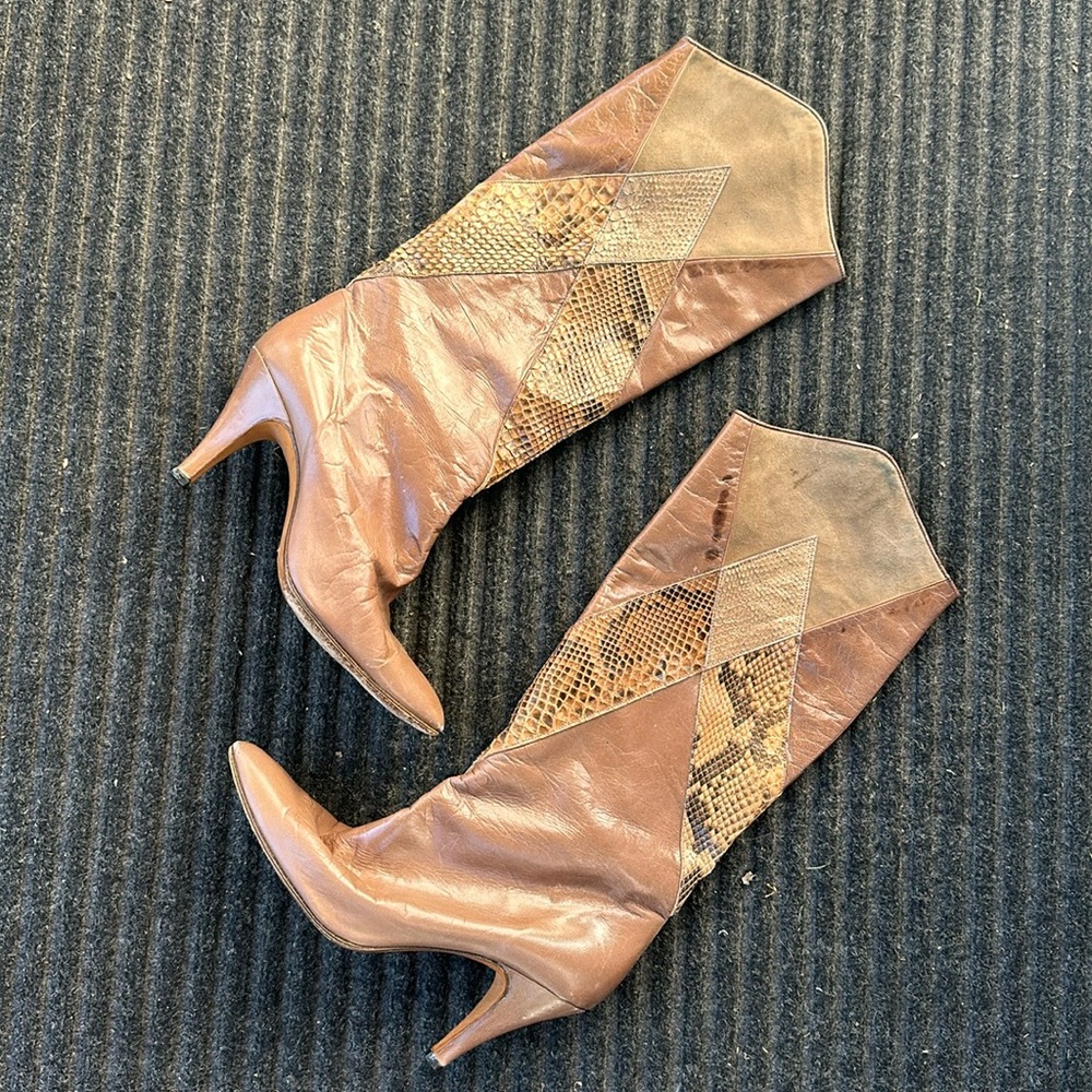 Vintage 1980s Ferragamo suede leather snakeskin patchwork knee high boots 8.5